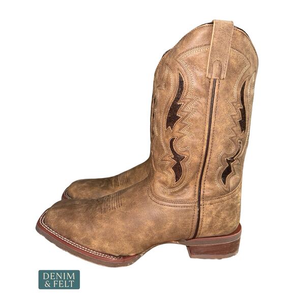 NEW Laredo Distressed Leather Western Boots Tan Broad Square Toe Cowboy Ranch 12